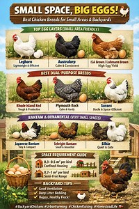 🏡🐔 SMALL SPACE, BIG EGGS! Best Chicken Breeds for Small Areas & Backyards Think you need a big farm to raise chickens? Think again! These chicken breeds are perfect for small spaces, backyards, and urban setups—quiet, efficient, and easy to manage. 👌 🥚 Top Egg Layers (Small-Area Friendly) • Leghorn – Lightweight, efficient, excellent layer • Australorp – Calm, hardy, consistent egg production • ISA Brown / Lohmann Brown – High egg yield, low maintenance 🐓 Best Dual-Purpose Breeds • Rhode Is