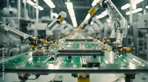 Timelapse of Fully Automated PCB Assembly Line Equipped with Advanced High Precision Robot Arms at Electronics Factory. Semiconductor Production Industry. Component Installation