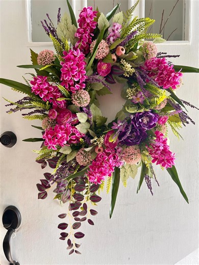 Spring Summer Pink & Purple Floral Wreath | Faux Flower Front Door Wreath | Bright Magenta Hyacinth and Purple Bloom Wreath | Everyday Decor - Etsy
