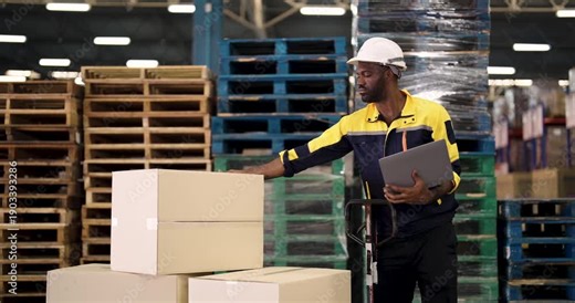African American male warehouse worker in uniform and hardhat holds laptop and observes tilted cardboard box on top of stacked parcels in industrial logistic distribution facility near storage pallets