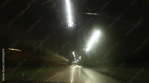Driving abstract distortion light streaks moving fast velocity at night. Wet rain windshield. Stock Video