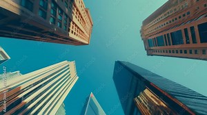 Upward view of tall skyscrapers against a clear blue sky in a city. Dramatic perspective showcasing urban architecture and high-rise buildings. Ideal for themes of city life, modernity, and architectu