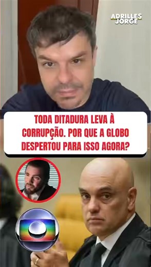 Toda ditadura leva à corrupção . Por que a Globo despertou pra isto agora? Toffoli segurando o inquérito sobre o banco master que beneficia seus amigos envolvido, Moraes usando de seu prestígio de ditador para conseguir benefícios financeiros etc. TODA ditadura pressupõe a corrupção moral e financeira de seus ditadores. Quando a Globo ajudou a construir esta ditadura, ela beneficiou esta corrupção endêmica. Agora ela quer se livrar desta ditadura por uma razão simples: ela, Globo, não quer ser v