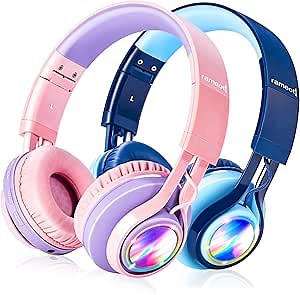 Kids Bluetooth Headphones 2 Pack with Colorful LED Lights, Volume Limited 85dB, Built-in Mic, Foldable, Wireless Bluetooth 5.2 for iPad/Tablet/PC, Pink/Blue