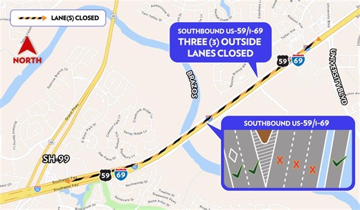 Weekend lane closures planned for US-59 Brazos River Bridge Project