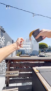 Make a Golden ghee latte with us! :turmeric base blended with ghee, honey, cashew milk ps. We made this one with coconut creamer🤫 | MUDWTR