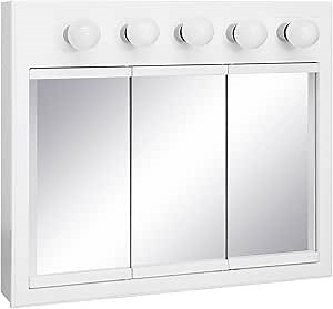 Design House Concord Medicine Cabinet, 3 Mirrored Doors, Pre-Assembled, Surface Mount, 5 Lights, White Wood Frame Wall Cabinet, 36 in W x 5 in D x 30 in H, 532390-WHT