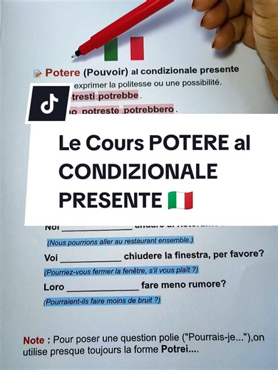 Le Cours de La Condizionale presente del verbo Potere 🇮🇹#perte #italienfrancaisdetatami #italiano #italien #maestra