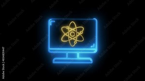 Quantum computing, innovation concept for global network, advancement and exploration. Glowing neon line animated quantum computing icon isolated on transparent background.