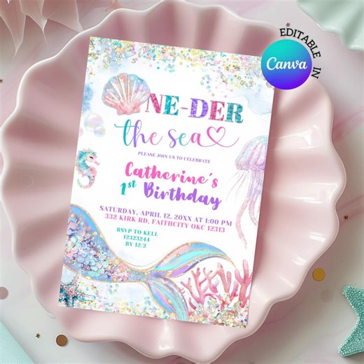Oneder the Sea Mermaid 1st Birthday Invitation, Glitter Mermaid Bash 1st Birthday Invite, Canva Editable Sea Shell Birthday Party C180 - Etsy