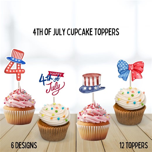 4th of July Cupcake Toppers, American Independence Day, Flag, Usa, Fourth of July Party Theme, 12 Count, Red, White, Blue Toppers, Fireworks - Etsy