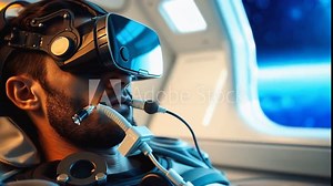 A person wearing a virtual reality headset experiencing a space journey from inside a spaceship viewing Earth and the cosmos through a window