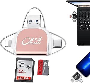 Multi-Port 4 in1 Universal SD TF Card Reader, 4 in 1 Portable Memory Card Reader, USB C Hub Multiport Adapter, Adapter Compatible for iPhone, MacBook Pro More USB C Devices, No App Require (Pink)