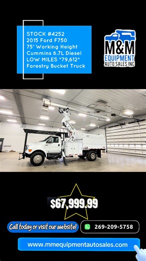 M&M Equipment Auto Sales on Instagram: "🚨 75’ Forestry Elevator Boom – Work-Ready & Priced Right! 🚨 📦 Stock #4252 🔧 Altec LR760E70 Over-Center Elevator Boom 🪜 75’ Working Height | Single-Man Bucket | 2 Outriggers 🚛 Mounted behind the cab on a 2015 Ford F-750 Chipper Dump Truck 📦 11’ Chipper Body 💪 Cummins 6.7L Diesel ⚙️ 6-Speed Manual Transmission 💰 $67,999.99 📍 Battle Creek, MI 49014 📞 Call 269-209-5758 or 269-317-1997 💸 Financing Available 🌐 mmequipmentautosales.com 📲 Follow us o