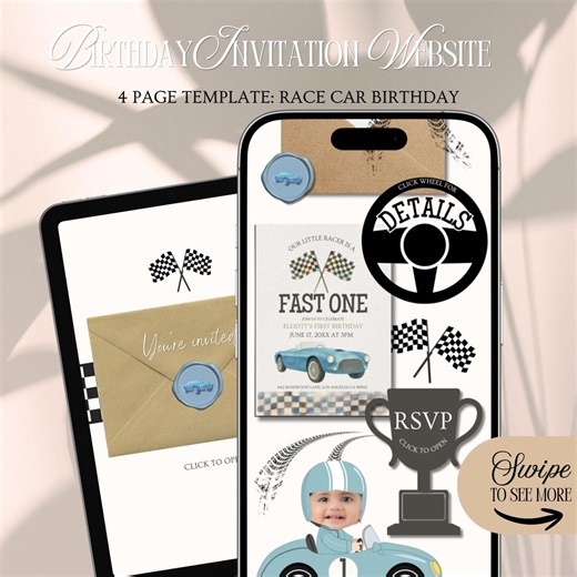 Fast One Birthday Website Invitation Template: Race Car Birthday Theme With Rsvp  (Editable in Canva)