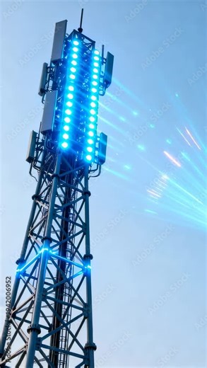 Vertical video: Pulsing tower showing LED color shifting after signal at cell site with node lights