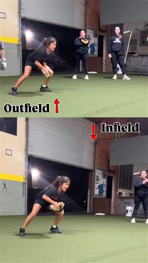 Groundwork Defensive Development on Instagram: "Difference in an infield throw and outfield throw …. _______________________________________________ Watch her 🥎 path Infield - Straight to load our scrap as infield throws need to transfer and release QUICKER !! Outfield - footwork timing becomes essential. As you generate more power, the ball path naturally lengthens, and it’s important to sync that extended arm path with your crow hop to create good timing and good release point"