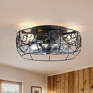 12.5 Inch Small Caged Ceiling Fans with Lights, DC Motor, 6 Wind Speed, Industrial Low Profile Bladeless Fandelier Ceiling Fan with Remote, Enclosed Ceiling Fan for Bedroom Kitchen