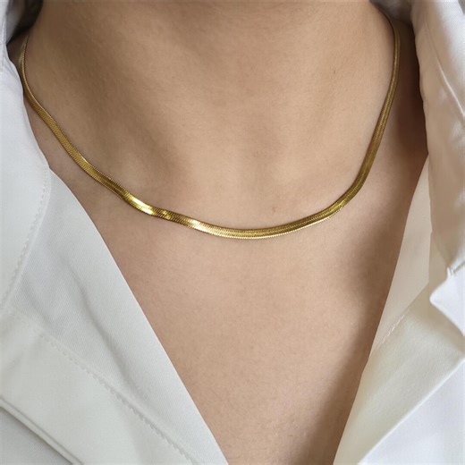 Gold Herringbone Snake Chain Necklace, 18K Plated Stainless Steel - Etsy