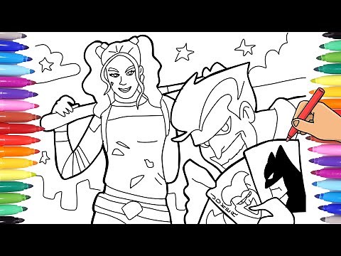 HARLEY QUINN AND JOKER COLORING PAGE. HOW TO DRAW HARLEY QUINN. SUPERHEROES COLORING PAGES