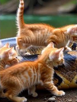 Golden Kittens Play With a Giant Python | Unbelievable Friendship! 🐱🐍