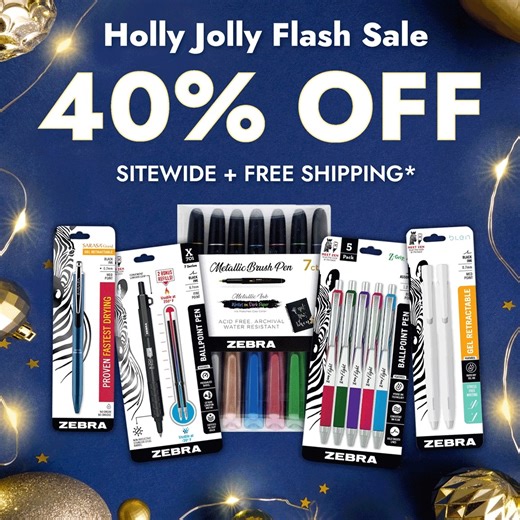 It's a Holly, Jolly #FLASHSALE! 🎄It's the best time of the year. For a limited time only, shop all your Zebra Pen gift giving needs and take 40% OFF sitewide savings and free shipping. Don't miss out on these winterful deals, offer ends 12/7 at 9 AM EST. Click the link to shop now and save: https://www.zebrapen.com/collections/all/?sort_by=best-selling *Free shipping over $15. Excludes Bundles and New Products. Cannot be combined with any other offers, promotions, and/or discounts. #ZebraPen #S