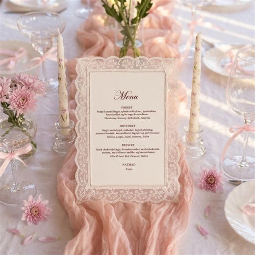 Lace Wedding Menu Sign, Blush Romantic Table Decor, Elegant Fabric Menu Card, Vintage Wedding Reception Sign