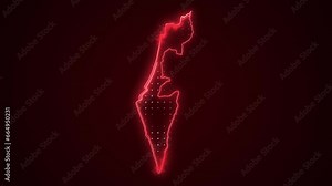 Neon Red Israel Map Borders Outline Loop Background. Neon Red Colored Israel Map Borders Outline Seamless Loop Dark Background. Israel Neon Map Borders Outline.