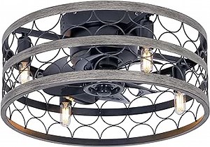 Coolbull Caged Ceiling Fan with Lights and Remote, 18'' Flush Mount Farmhouse Ceiling Fans DC Motor, Low Profile Ceiling Fan for Kitchen Bedroom (Black & Grey)