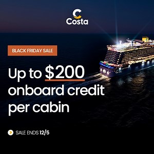 Our Black Friday Sale is live! Don't miss the incredible savings on our top 10 best selling cruises with $200 FREE onboard credit! Sailings through 2023. https://bit.ly/CostaCruises_BlackFriday | Costa