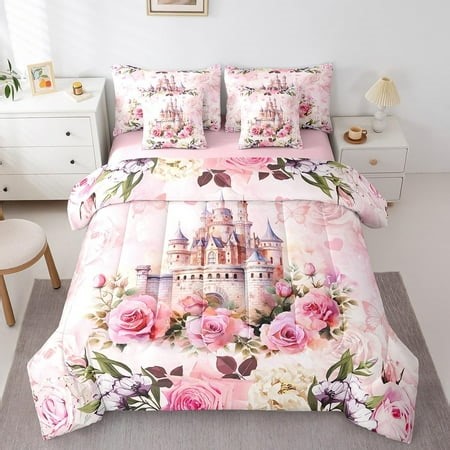 YST Girls Princess Queen Bedding Set 7 Pieces,Cartoon Castle Pink Comforter Sets,Blooming Flowers Bedding Comforter Sets with 1 Comforter,2 Pillowcases,2 Pillow Covers,1 Flat Sheet,1 Fitted Sheet - Walmart.ca