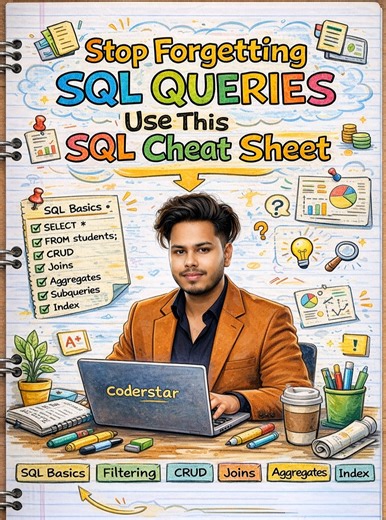 Coder Star 🌟 | 🛑 Stop Forgetting SQL Queries 🗄 Use This SQL Cheat Sheet Tired of Googling JOIN every time? 😅 📌 SELECT, WHERE, ORDER BY 🔗 INNER / LEFT /... | Instagram