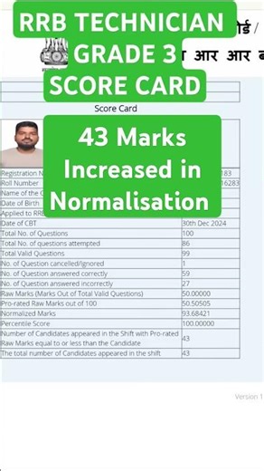 rrb technician Grade 3 score card ,43 marks increased in Normalisation #rrb #shortsfeed