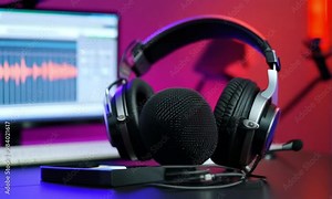 Dynamic Studio Setup Featuring Microphone, Headphones, and Monitor