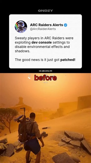 ARC Raiders Alerts on Instagram: "Sweaty players in ARC Raiders were exploiting dev console settings to disable environmental effects and shadows, gaining a significant visual advantage. The good news is it just got patched. W Embark! #Gaming #Gamer #ARCRaiders #TheFinals #Battlefield6 #Extraction #ExtractionShooter #PlayStation #Steam #PCGaming"