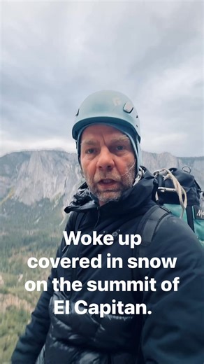 Crazy morning. It was cold on the summit of El Capitan, so I was nestled under my sleeping bag cowboy camping under the stars. I heard a rumbling noise and thought it may be a bear getting into our gear. I peaked out and thought nothing of it. 10 minutes later I peaked out again and asked if they were leaving. It was Mark Hudon and his partner Ben. They just topped out Mescalito. Putting stuff away so it doesn’t get wet he replied. I hadn’t realized everything was soaking wet and covered with sn