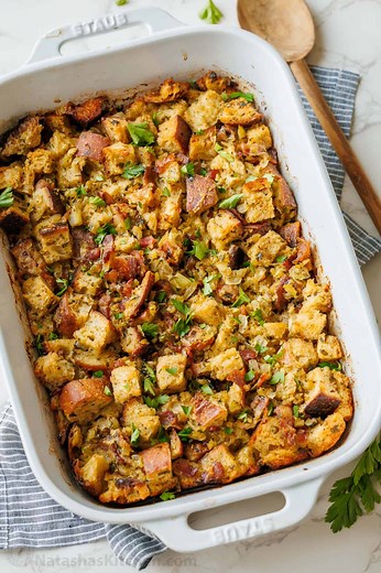 This is the best stuffing recipe, and it’s incredibly easy to make and reheats perfectly. Recipe: https://natashaskitchen.com/stuffing-recipe/ | NatashasKitchen.com