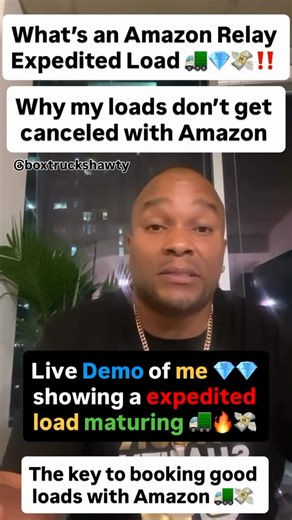 Jabbar Williams on Instagram: "What’s an Amazon Relay Expedited Load ❓ Why my loads don’t get canceled with Amazon ❓ Live Demo of me showing a expedited load maturing ‼️ This is the key to booking good loads with Amazon Relay ‼️ all loads on the load board will eventually mature and increase in value 🚛💸 The BIGGEST MISTAKE people make when booking loads is booking loads to early in the day ‼️ ❌also stop booking loads days in advance 🚛💸 If you’re interested in getting started 👇🏽👇🏽 Join my