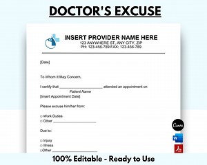 Doctor Excuse Template, Doctor Excuse Letter, Doctor Note for Work, Doctor Notes, Excuse Letter, Instant Download, MS WORD, Canva - Etsy