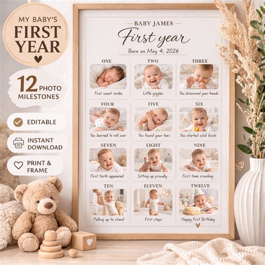 First Birthday Milestone Sign, Baby First Year Poster, 1st Birthday Milestone Board, Baby Photo Collage Poster, Editable Canva Template - Etsy UK