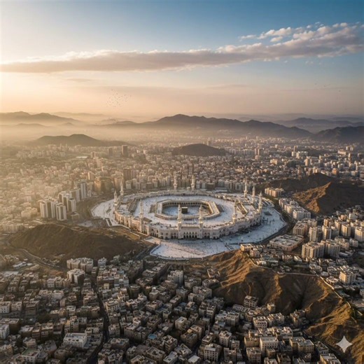 “Ultra-realistic aerial top view of Makkah city from a great distance, #islamicvideo #foruyou