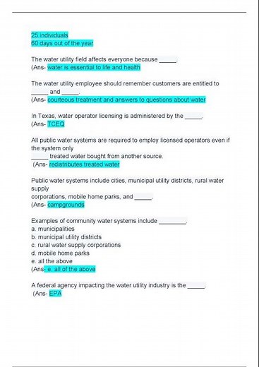 Basic Water Works Operations class D License Study Guide; Questions & Answers; Updated