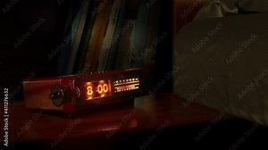 Vintage alarm clock with flip dial and radio wake up at 8 AM. Close-up view. The numbers on the clock screen changes from 7:59 to 8:00 AM. Then turns on the radio receiver and its scale lights up