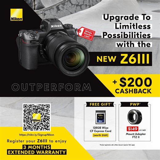 🚀 Upgrade your gear with the new Nikon Z6III—now with an incredible offer! Enjoy $200 cashback, plus get a free 128GB Wise CF Express Card to capture even more of your creative moments. 🎁 It doesn’t stop there! Unlock extra versatility with the FTZ adapter for just $149, and enjoy an extra 3 months warranty when you register your product. Don't miss out—this offer is available while stocks last! Learn more: bit.ly/PromoswithNikonSG Purchase at your preferred retailers now: https://bit.ly/Nikon