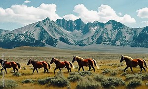 Four brown horses running in a field with a snowy mountain range in the background.