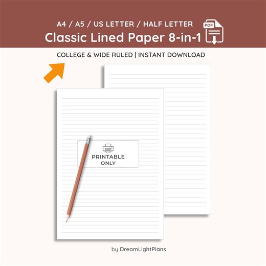 Printable Lined Paper Bundle: College & Wide Ruled (instant Download PDF) A4/A5/US Letter/half Letter | All 4 Sizes, 8-in-1 for Core Writing - Etsy
