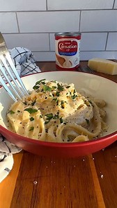 THE creamiest alfredo sauce only with Carnation! 😍 Alfredo Sauce with Evaporated Milk (serves 2) Ingredients 6oz long pasta like fettuccine, bucatini, or spaghetti 2 tablespoons salted butter 1 clove garlic, minced 12oz can Carnation Evaporated Milk 4oz grated parmesan cheese Salt and pepper to taste More parmesan cheese, black pepper, and minced parsley (optional) for serving How to make alfredo sauce with evaporated milk 1. Cook the pasta in salted boiling water according to the package direc