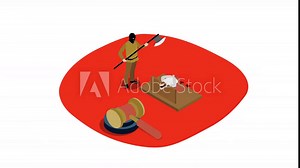 Medieval punishment. Executioner beheading guilty man with axe