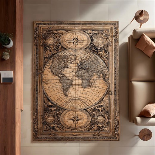 Vintage World Map Rug, Antique Compass Carpet, Explorer Map Decor, Travel Theme Floor Rug - Etsy