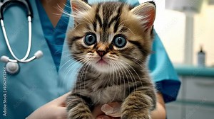 Curious Kitten at the Vet: A tiny tabby kitten with wide, curious eyes sits in the arms of a veterinarian, gazing intently at the camera. The kitten's fur is a soft, striped pattern.